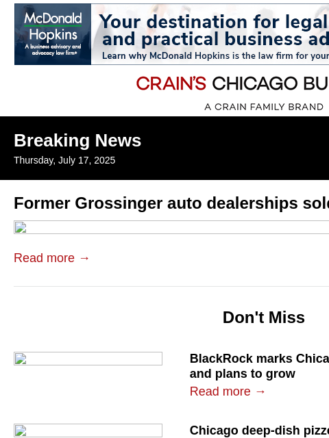 crainalerts newsletter: Former Grossinger dealerships sold in $60M deal
