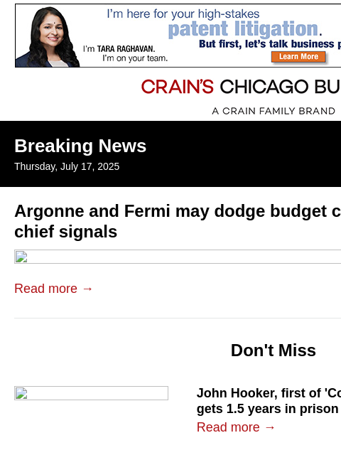 crainalerts newsletter: Argonne, Fermi may dodge budget cuts