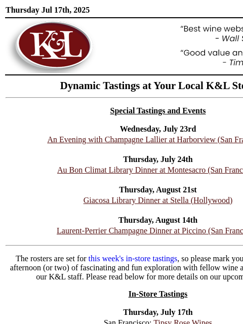 klwines newsletter: K&L Tastings: Oregon Vs. Burgundy, Champagne for t...