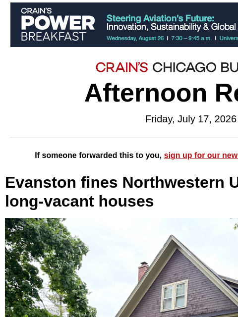 crainalerts newsletter: Evanston fines Northwestern University