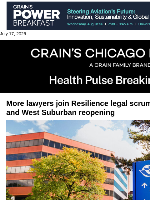 crainalerts newsletter: West Suburban court fight drags on