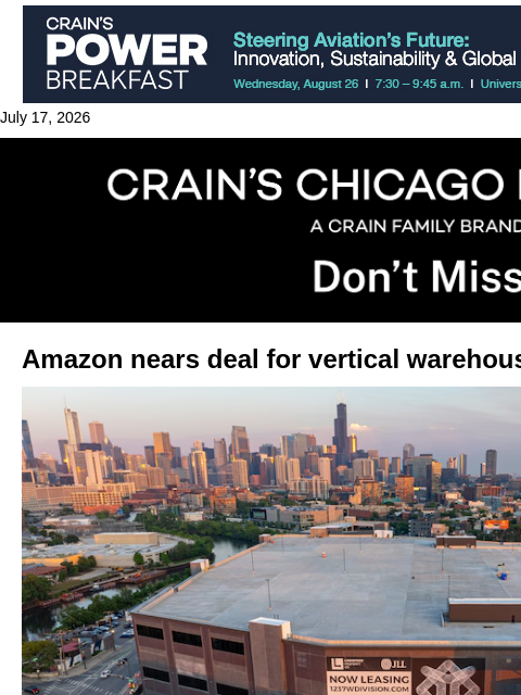 crainalerts newsletter: Amazon nears deal for vertical warehouse