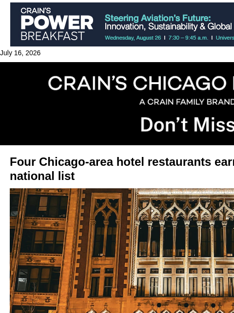 crainalerts newsletter: Hotel restaurants rack up honors​