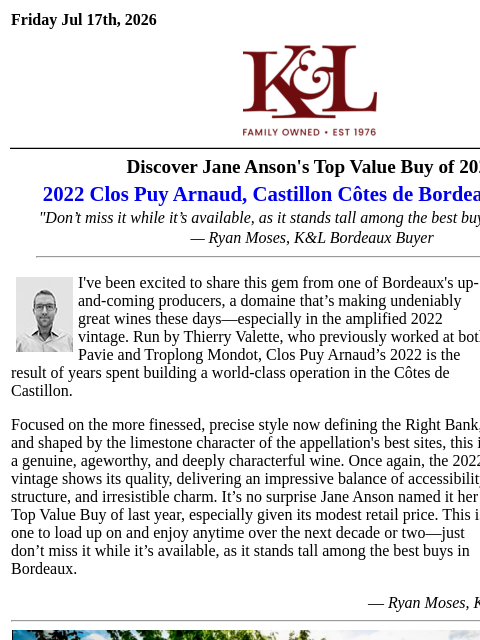 klwines newsletter: Jane Anson's #1 "Seriously Impressive" Bordeaux Va...