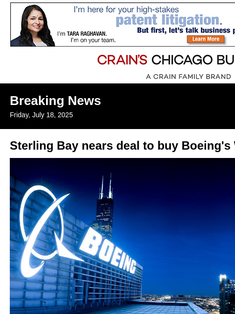 crainalerts newsletter: Sterling Bay nears deal to buy Boeing tower