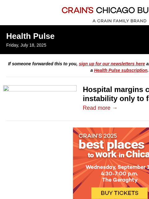 crainalerts newsletter: Hospital margins stable — for now