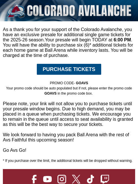 thecoloradoavalanche newsletter: Your Regular Season Presale Purchase Opportunity!