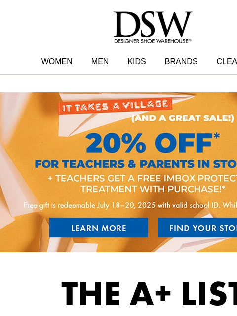 dsw newsletter: These styles get all A's + 20% off.