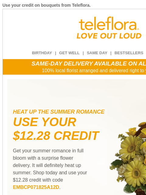 teleflora newsletter: Re: You've Earned a [$12.28] Credit