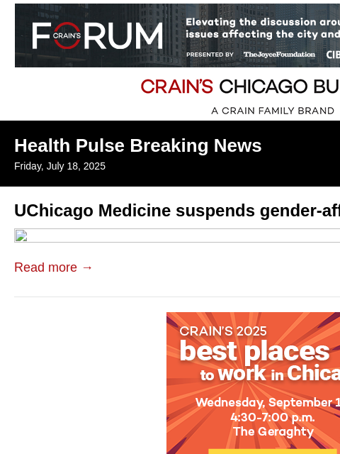 crainalerts newsletter: UChicago Medicine suspends gender-affirming care f...