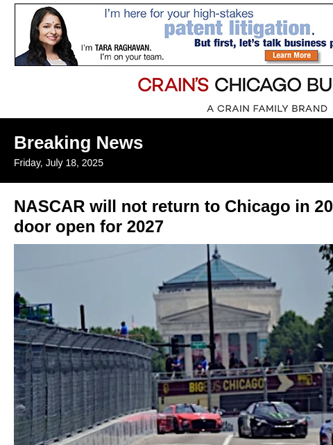 crainalerts newsletter: NASCAR won't return to Chicago next year