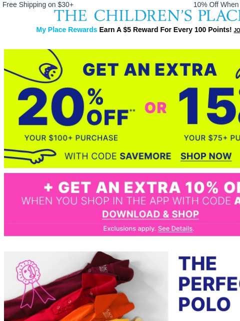 childrensplace newsletter: Uniform Sale: $5 & Up Polos, $7 & Up Bottoms + Ext...