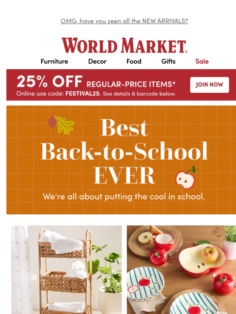 emailworldmarket newsletter: Shop back-to-school and save 25%