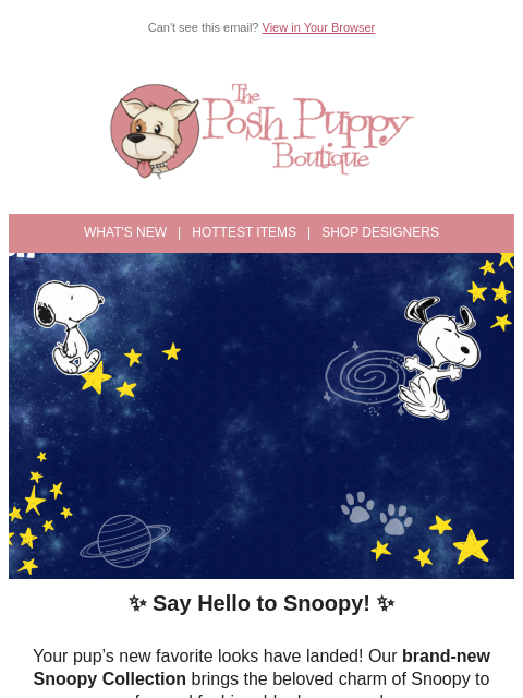 poshpuppyboutique newsletter: Snoopy’s Here to Play! 🐶✨ New Snoopy Collection J...