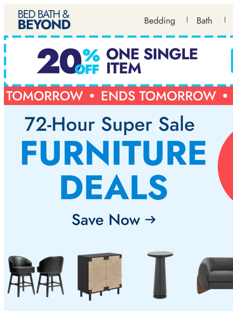 bedbathandbeyond newsletter: One day left for up to 50% off furniture 🛋️
