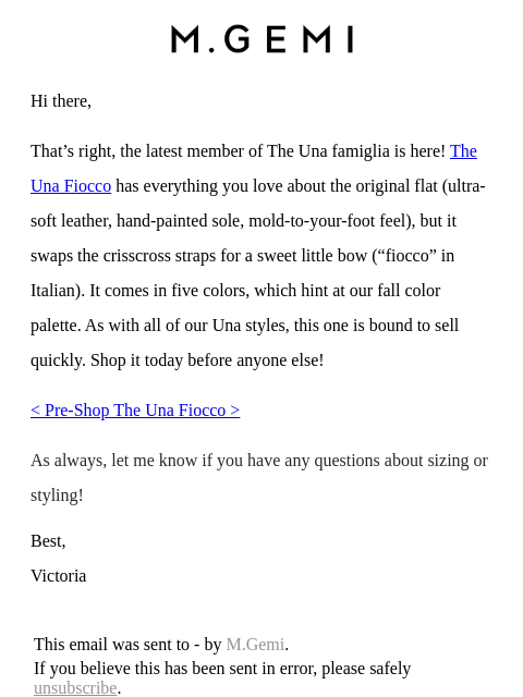 mgemi newsletter: Pre-Shop The Una Fiocco