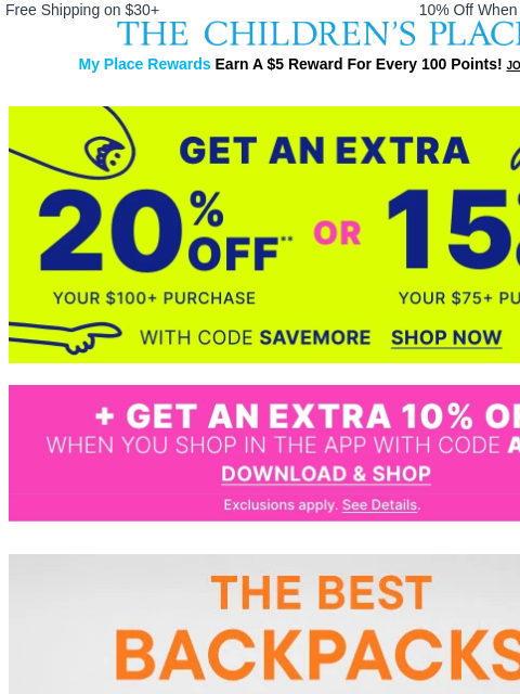 childrensplace newsletter: Up to 40% Off Must-Have Backpacks: Found! ✅🎒