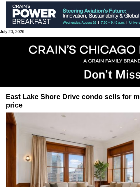 crainalerts newsletter: Another luxury condo sells at steep discount​