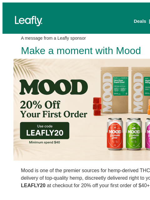 leafly newsletter: 20% off your first order with Mood 🌿
