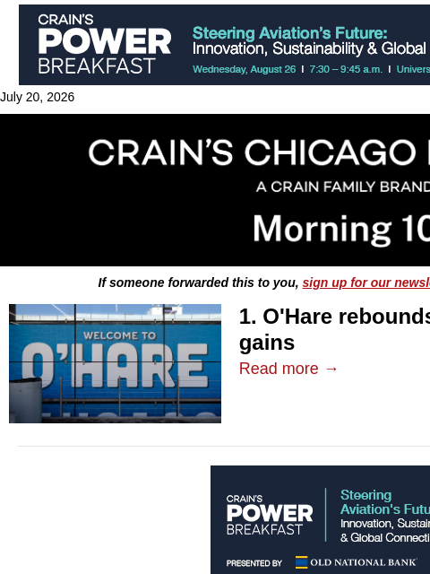 crainalerts newsletter: O'Hare rebounds as rivals make gains