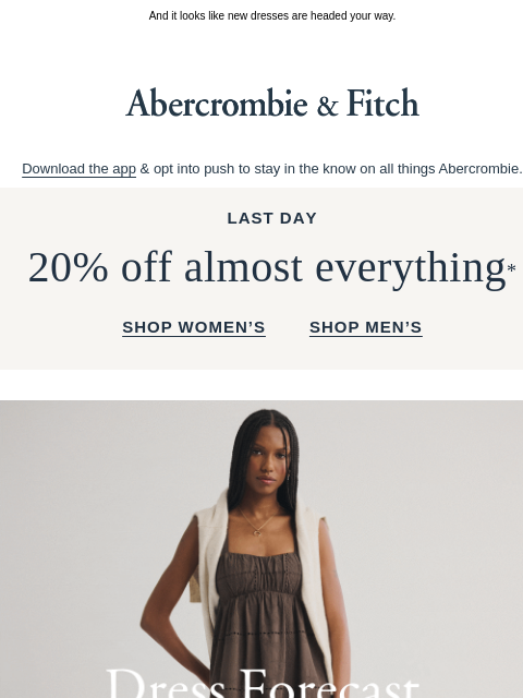 abercrombie newsletter: 20% off almost everything* ends tonight.