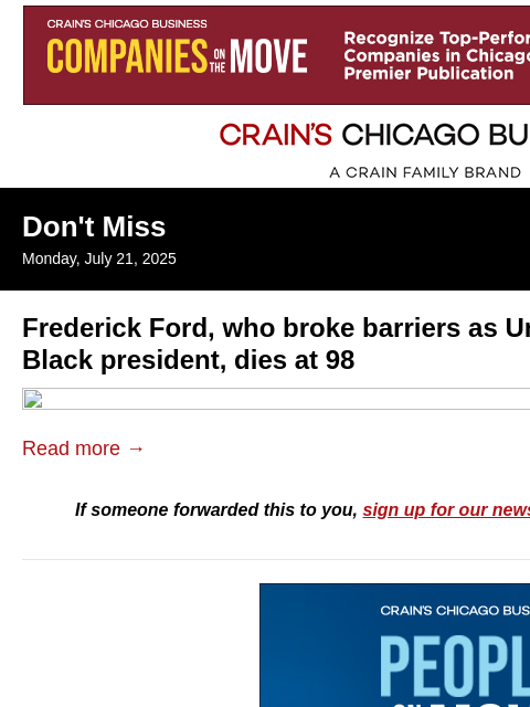 crainalerts newsletter: Frederick Ford dies at 98