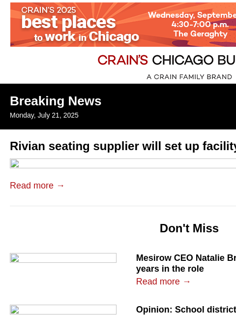 crainalerts newsletter: Rivian seating supplier will set up facility in No...
