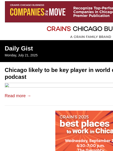 crainalerts newsletter: Chicago likely to be key player in world of AI: Cr...
