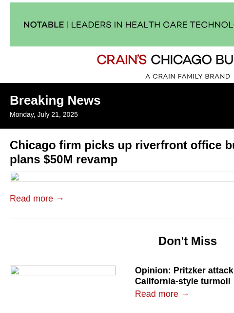 crainalerts newsletter: Firm picks up riverfront office building on the ch...