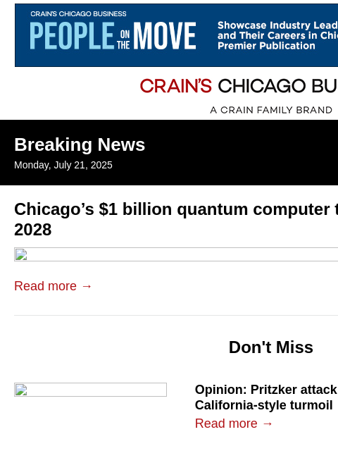 crainalerts newsletter: Chicago quantum computer set to boot up in 2028