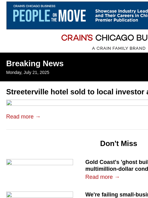 crainalerts newsletter: Streeterville hotel sold to local investor at disc...
