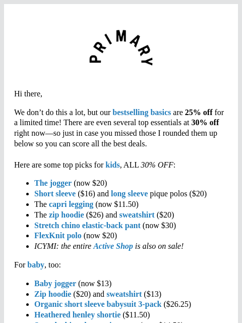 primary newsletter: 30% OFF top picks in the Basics Sale!