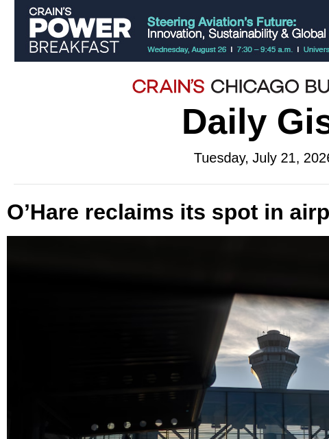 crainalerts newsletter: O’Hare reclaims its spot in airport rankings