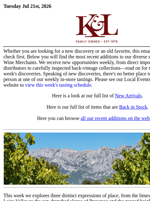 klwines newsletter: The Latest from K&L: New Adds and Back In Stock