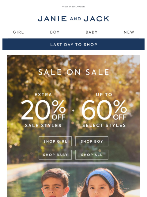 janieandjack newsletter: Ends (very) soon: extra 20% off + up to 60% off