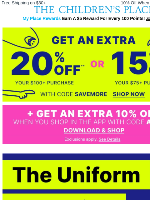 childrensplace newsletter: ACT FAST: Get an EXTRA 20% Off w/code SAVEMORE + E...