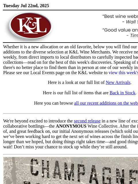 klwines newsletter: The Latest from K&L: New Adds and Back In Stock