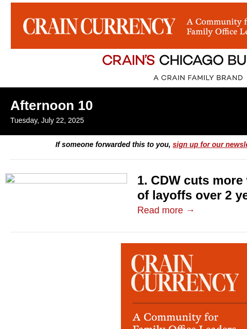 crainalerts newsletter: CDW cuts more workers