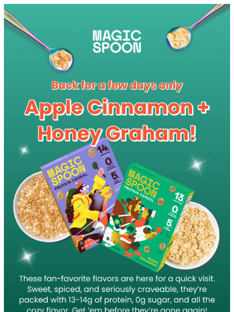 magicspoon newsletter: Back for a few days: Honey Graham & Apple Cinnamon