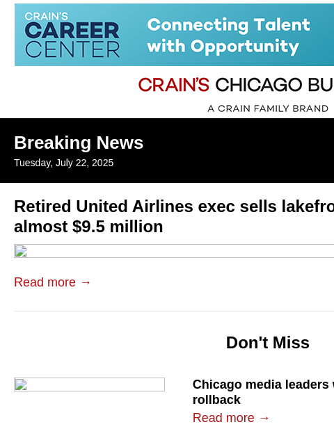 crainalerts newsletter: Retired United exec sells lakefront Winnetka home