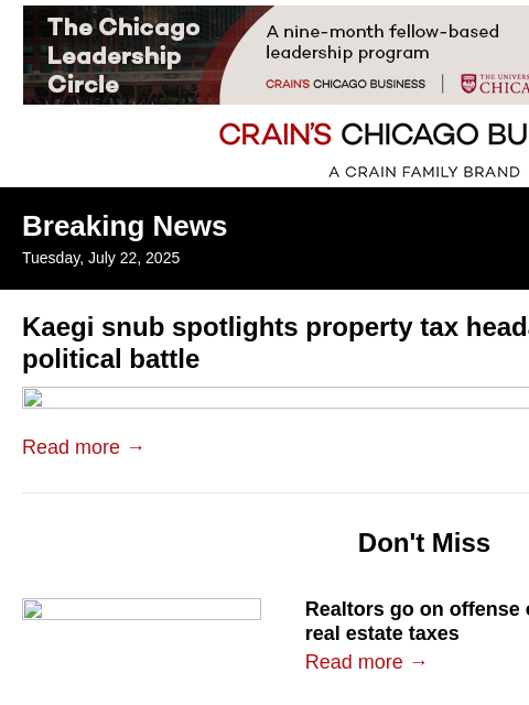 crainalerts newsletter: Kaegi snub spotlights looming political battle