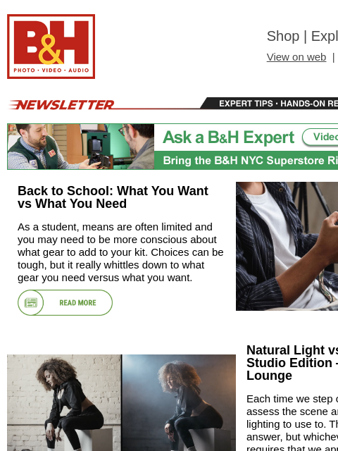 bhphotovideo newsletter: Back-to-School Photo Needs, Natural Light vs Budge...