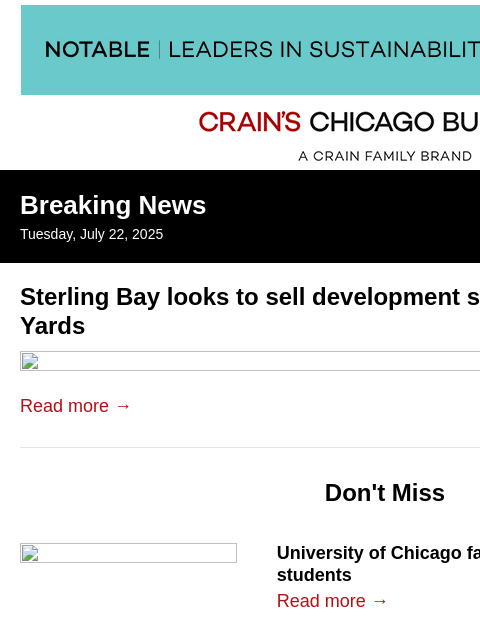 crainalerts newsletter: Sterling Bay looks to sell site next to Lincoln Ya...