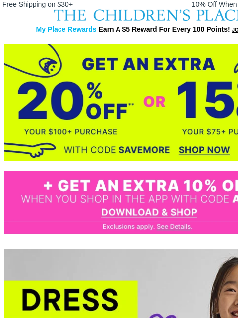 childrensplace newsletter: Back to School = 30% Off New Dresses 👗