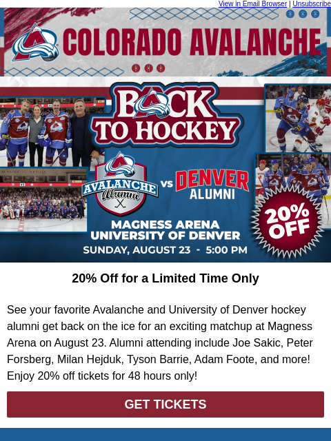 thecoloradoavalanche newsletter: 🚨 Save Now on Avs vs DU Alumni Game!