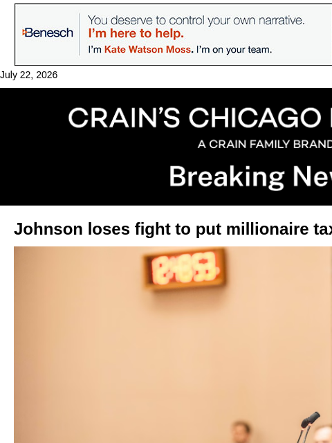 crainalerts newsletter: Mayor loses millionaire tax ballot fight