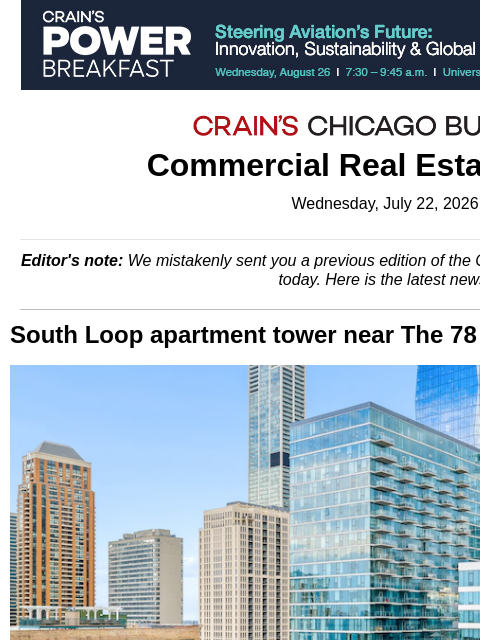 crainalerts newsletter: South Loop apartment tower hits the market