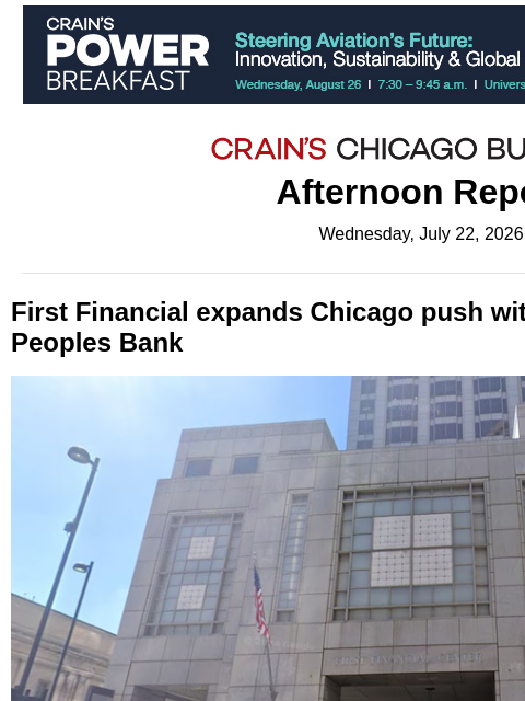 crainalerts newsletter: First Financial continues its Chicago push