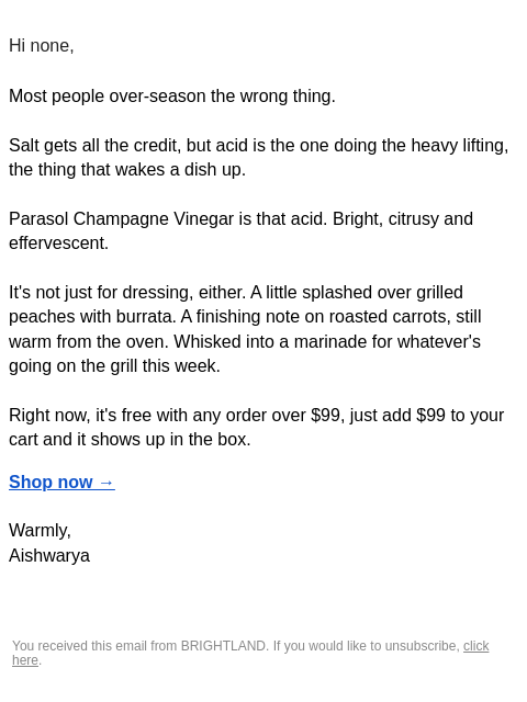 brightland newsletter: Free Parasol Champagne Vinegar