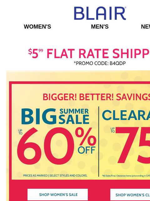 JB Linen Shirts, Pants & Shorts – ALL Sizes on SALE! ~*~ $19.98 DenimEase Flat Waist Capris + 75% Off Clearance + 60% Off Summer Looks! Blair Women's Men's New Arrivals $5.99 FLAT RATE